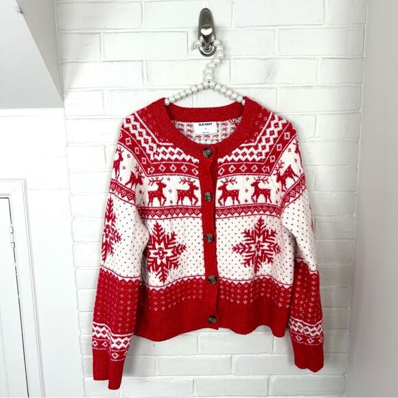 Old Navy Fair Isle Reindeer Snowflake Knit Christmas Cardigan Sweater Size M - Picture 3 of 10